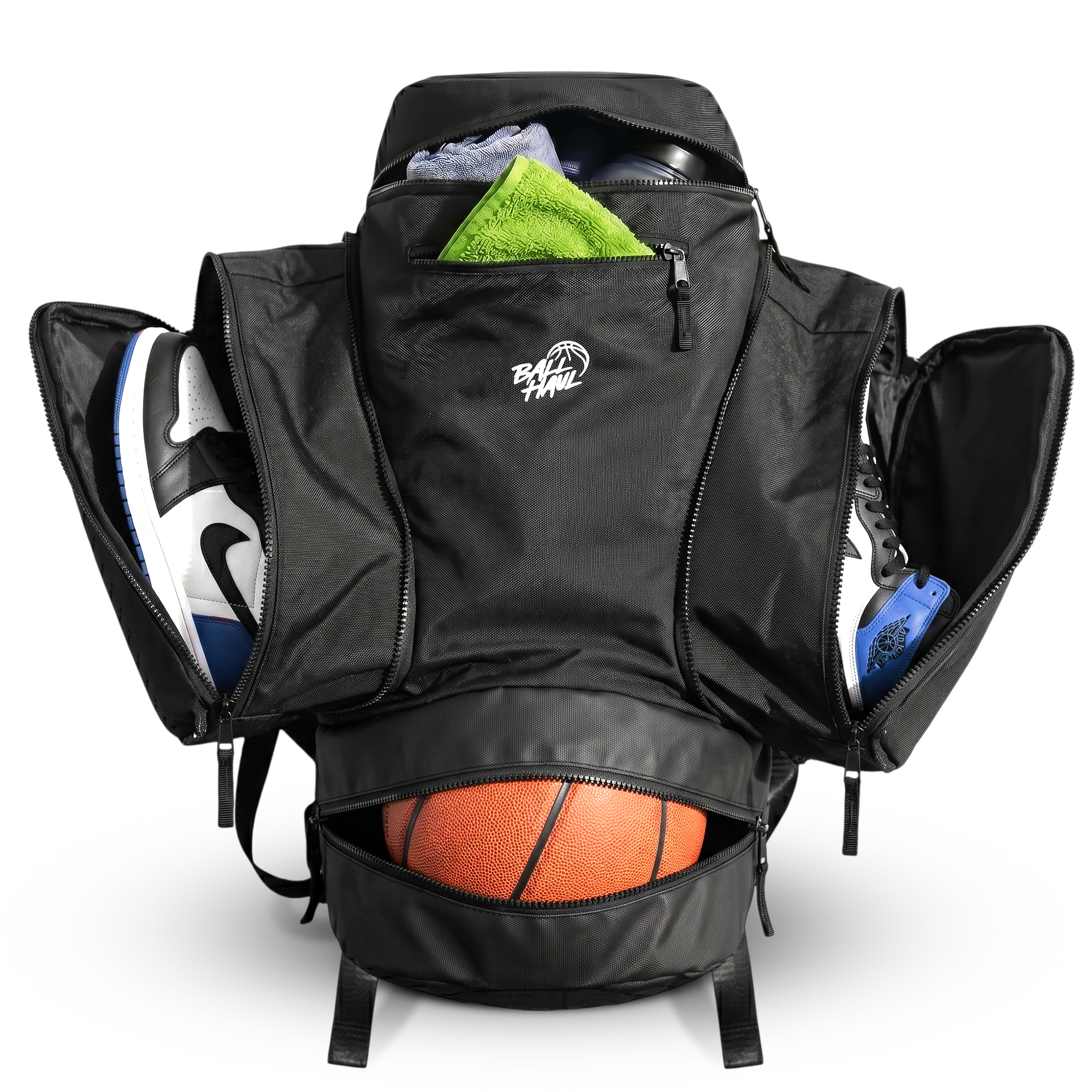Ball Haul fully loaded — ball, shoes and kit all compartments open