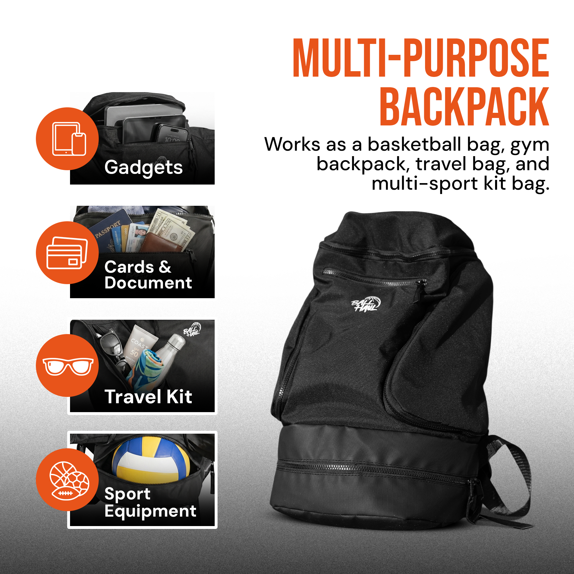 Multi-purpose backpack — basketball, gym, travel, school